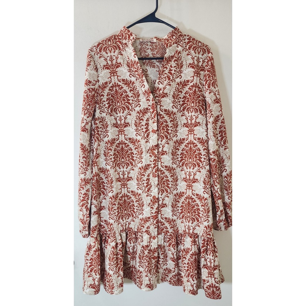 Revolution Damask Print Ruffle Hem Mini Dress Rust Orange Cream Size L